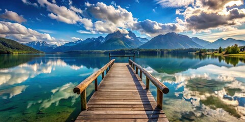 Obraz premium Serene wooden dock extending over tranquil lake reflecting majestic mountain range under a vibrant sky