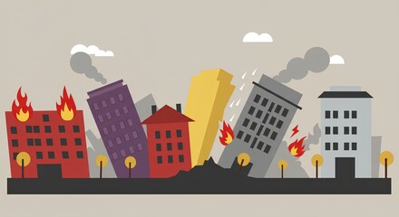 Obraz premium 地震発生 - 防災 - 危険 - 街 - ビル - 災害 - イラスト素材 - 背景