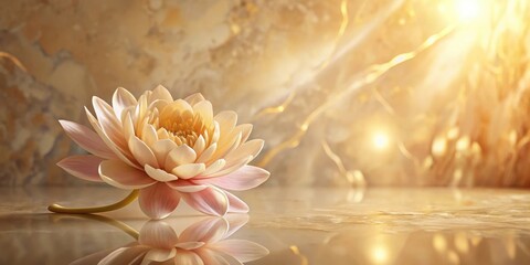 A serene pale pink water lily rests on a reflective golden surface, bathed in warm sunlight, creating a tranquil and peaceful atmosphere.