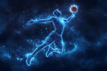 basketball player in action, jumping high to make a slam dunk with energy and precision. The design captures athleticism, power, and the excitement of the game, rendered in a sleek low-poly style with