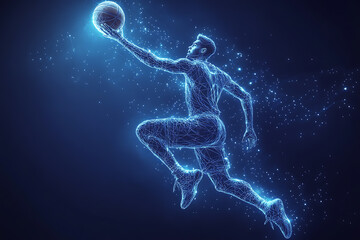 basketball player in action, jumping high to make a slam dunk with energy and precision. The design captures athleticism, power, and the excitement of the game, rendered in a sleek low-poly style with