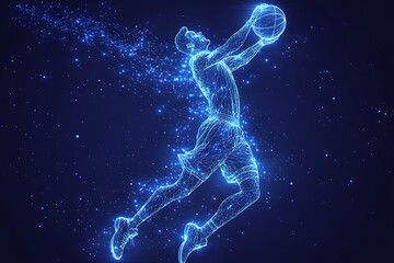 basketball player in action, jumping high to make a slam dunk with energy and precision. The design captures athleticism, power, and the excitement of the game, rendered in a sleek low-poly style with