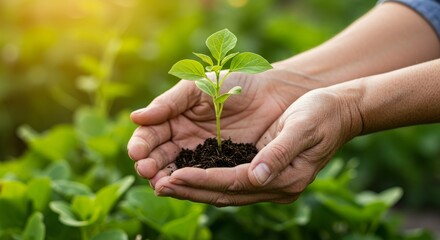 Hands holding a young plant in vibrant green garden at sunrise for concept of growth and sustainability