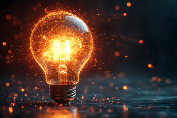 broken light bulb with scattered glass shards and glowing filament sparks. The design symbolizes fragility, creativity, and ideas, rendered in a modern low-poly style with dynamic details