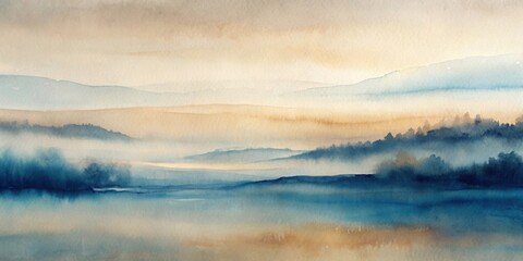 Obraz premium Serene Watercolor Landscape Depicting Misty Mountains and a Tranquil Valley at Dawn