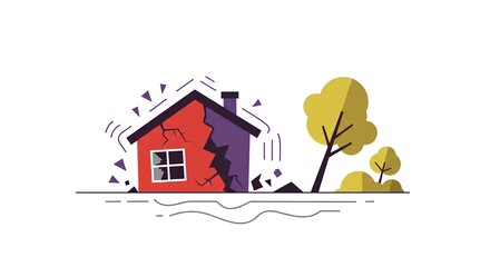 地震 - 住宅被害 - 揺れている家 - 倒壊 - イラスト素材 - 可愛い - アイコン - 白背景