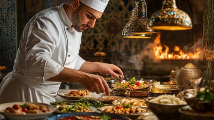 A chef preparing Middle Eastern dishes in a fine-dining restaurant, with intricate plating and culinary artistry,