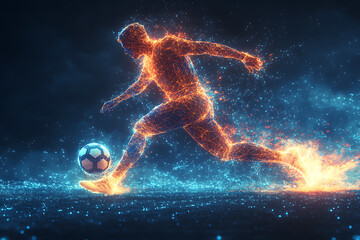 football player in action, kicking the ball with power and precision. The design highlights energy, athleticism, and teamwork, rendered in a sleek low-poly style with glowing effects
