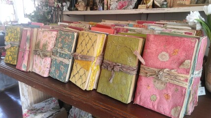 Obraz premium Antique Journals Displayed On Wooden Shelf