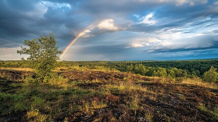 Scenic landscape with rainbow after rain, tree, field, forest.