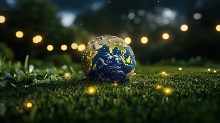 Glowing Earth on Lush Green Grass with Fairy Lights, Symbolizing Environmental Awareness, Nature, and a Sustainable Future Under Starry Sky