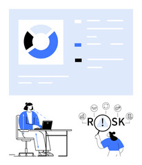 Woman working at desk analyzing data on laptop, large pie chart and bar graph projections, magnifying glass on risk icon. Ideal for business, data, research, risk management, tech, decision-making
