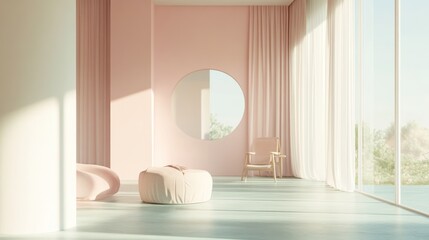 Serene Minimalist Pink Room with Sunlight and  Ocean View
