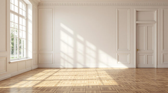 Empty room with white classical wall panels, large windows, and wooden floor, bathed in sunlight. Ideal for real estate, interior design, and historical visuals.

