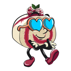 raspberry roll cake cute cartoon isolated vector illustration character mascot wearing heart shaped beach sunglasses, work of hand drawn