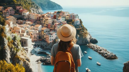 Obraz premium Scenic Coastal View with Traveler Overlooking Colorful Villages