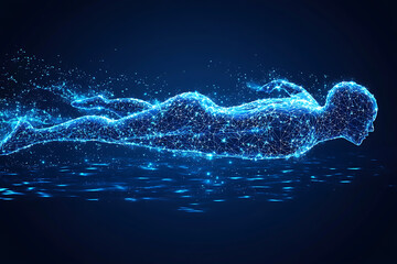 swimmer in motion, cutting through water with dynamic splashes and glowing accents. The design emphasizes energy, grace, and the spirit of competition, rendered in a sleek low-poly style