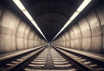 Illuminated Train Tracks Inside a Curving Tunnel