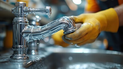 Close-up of a plumber tightening a pipe under a sink with tools