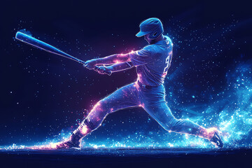 Obraz premium a baseball player in action, swinging a bat to hit the ball with power and precision. The design captures energy, athleticism, and competition, rendered in a sleek low-poly style with glowing effects