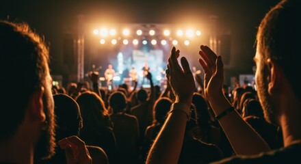 Energetic concert crowd enjoying live performance at night event