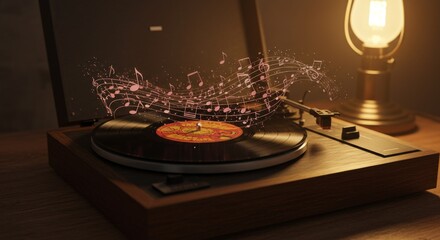 Obraz premium Vintage record player with magical musical notes and artistic lighting