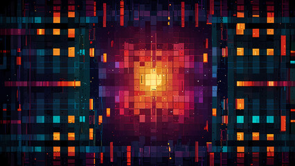 A playful and colorful pixel art background featuring a geometric abstract design with overlapping squares, bold gradients, and a retro arcade game vibe