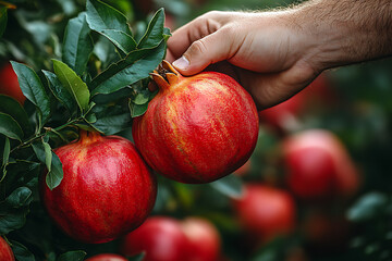 A farmer's hand gently picking ripe, vibrant pomegranates from a tree, symbolizing organic farming and nature's bounty, with rich textures and natural lighting