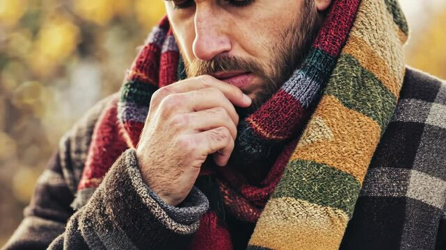 Thoughtful man wrapped in a colorful scarf during a chilly autumn day in a serene outdoor setting