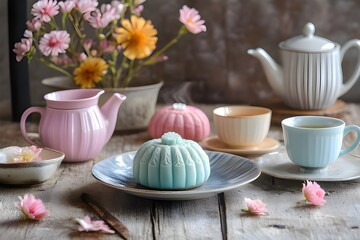 Round shaped Chinese traditional mooncake with tea cups on wooden background