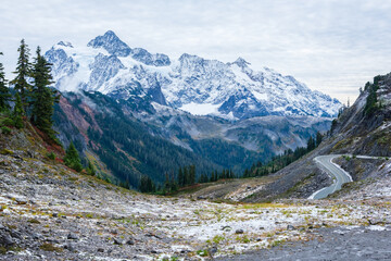 Snow on Mount Shuksan's highest slopes above Mount Baker Highway