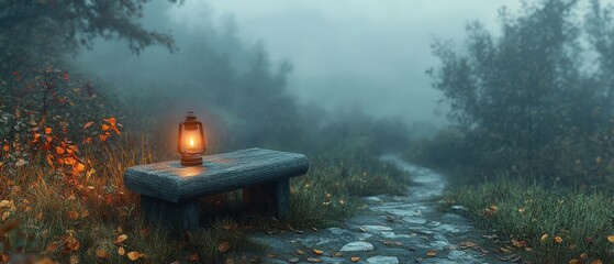 [Candlelight Vigil Community Reflection Hope] Cozy Forest Scene: Misty Morning Table and Lantern in Serene Woodland