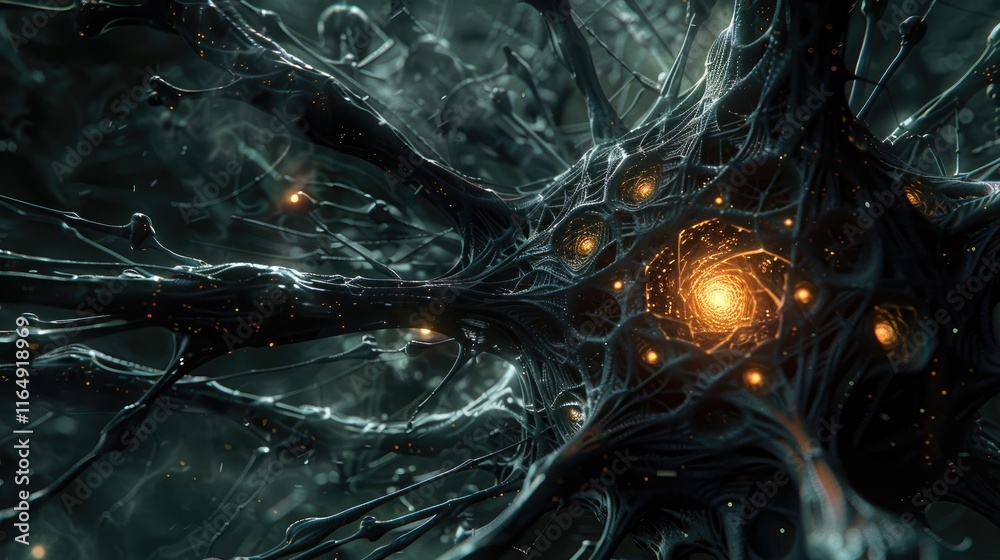 Wall mural a detailed representation of a neuron with glowing elements, illustrating neural connections.