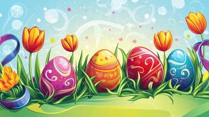 Joyful Easter Celebration Banner with Colorful Eggs, Ribbons, and Tulips in Cartoon Style