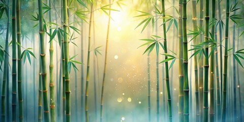 Serene Bamboo Forest at Dawn Sunlight Illuminates Lush Green Stalks and Vibrant Foliage in a Misty Atmosphere