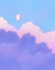 Fototapeta premium Pink and white hot air balloon floating above soft pink clouds against a blue sky. Digital illustration with pastel tones. Travel and adventure concept for greeting card and print.