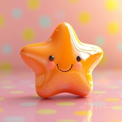 Cute Smiling Orange Star with Glossy Finish and Polka Dot Background
