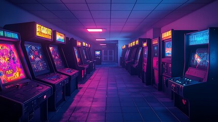Retro arcade hallway with colorful neon lights and rows of vintage game machines.
