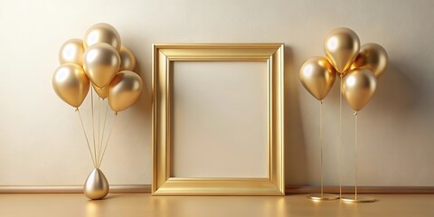 Elegant Gold Balloons and Golden Frame Mockup for Festive Event Design