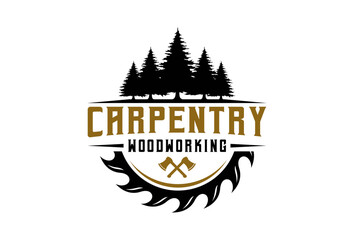 Woodworking logo, carpenter logo design with hammer and circular saw or blade, carpentry logo emblem badge vintage with vector