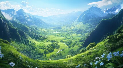 Naklejka premium Serene Mountain Valley with Lush Greenery and Scenic Views