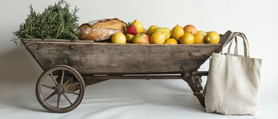 [Farmers Market farming Baked fruits] Rustic Fruit and Bread Market Delivery Table Setting