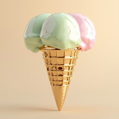 Colorful Ice Cream Scoops in a Golden Waffle Cone on Beige Background