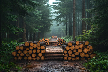  Firewood logs neatly stacked and drying near trees in a forest, symbolizing a sustainable and renewable energy source, with a natural and eco-friendly ambiance