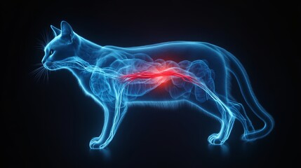 A digital illustration of a cat, showcasing an anatomical view with glowing blue outlines and a highlighted red area, representing internal structures.