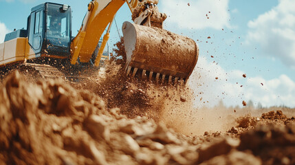 Close up of excavator bucket digging into earth, creating cloud of dust and debris. powerful machinery showcases its strength in construction and excavation work