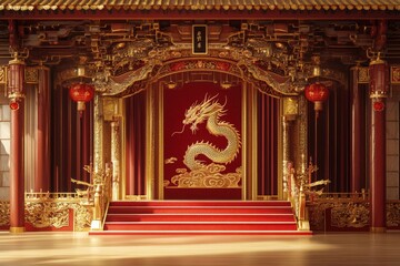 Ornate Red And Gold Chinese Throne Room Setting