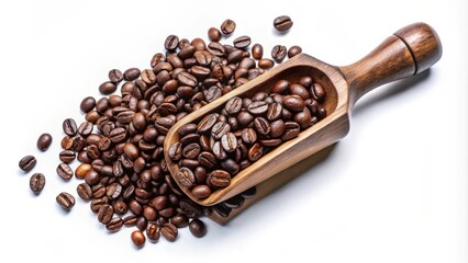 Fototapeta premium Aromatic Roasted Coffee Beans in a Wooden Scoop, Scattered on White Background