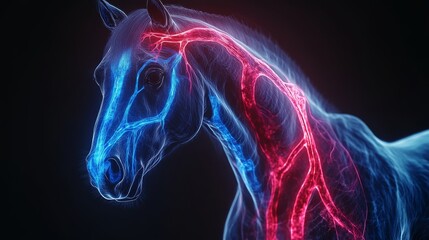 A glowing, digital representation of a horse's head, showcasing intricate blue and red vascular structures against a dark background.