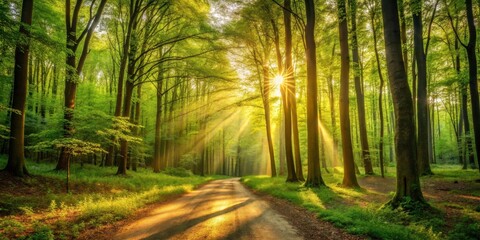 Obraz premium Sunlit Forest Path at Dawn A Serene Woodland Scene with Golden Rays Illuminating a Dirt Road